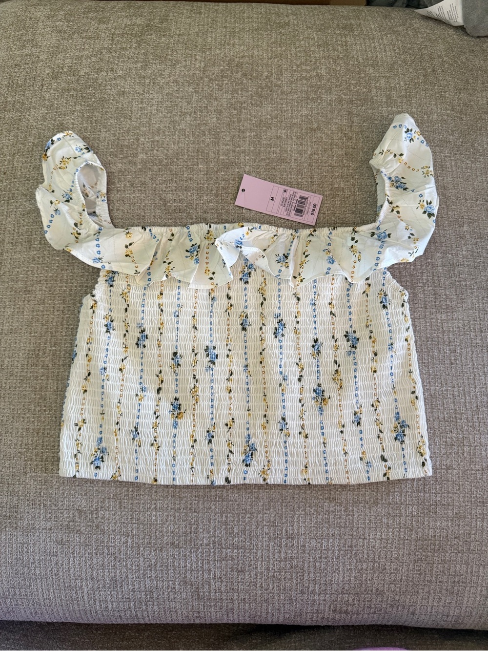 wild fable White Smocked Floral Ruffle Crop Top with Blue & Yellow Print